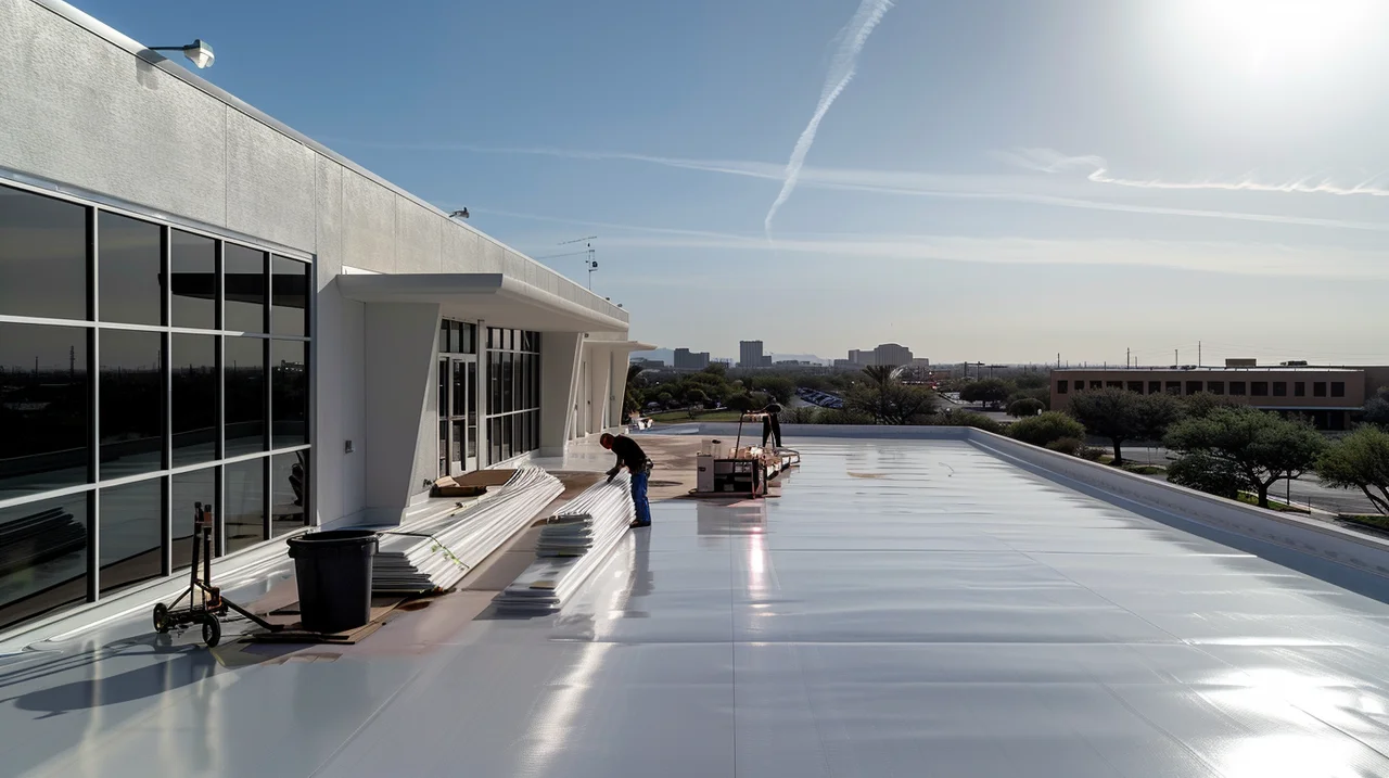 White single-ply TPO membrane being installed on a commercial flat roof with crew on site — 5 Star Roofing